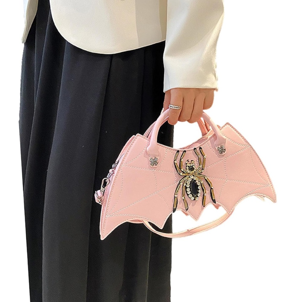 🦇NEW Pink Bat Bag Rhinestone Spider Detail Two-Way Crossbody Goth Spooky Horror